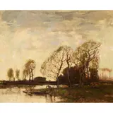 William Alfred Gibson, A WOODED RIVER LANDSCAPE WITH FIGURE IN A PUNT