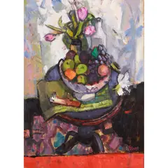 BLACK TABLE WITH PINKS by Archie Forrest, oil on canvas, sold Jun 2022