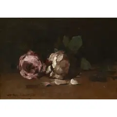 A STILL LIFE OF ROSES ON A LEDGE by Arthur Melville, oil on canvas, sold Jun 2022