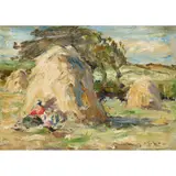 John Maclauchlan Milne, HAYSTACKS WITH RESTING FIGURES, c.1920