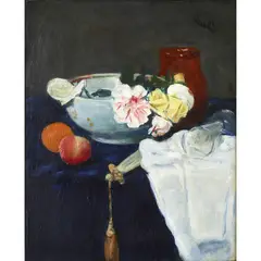 George Leslie Hunter, THE BLUE TABLECLOTH (STILL LIFE WITH TASSELLED FAN) c.1917, oil on canvas