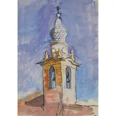 Anne Redpath, BELL TOWER, PORTUGAL, Charcoal and watercolour