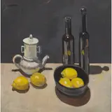 Alexandra Gardner, STILL LIFE WITH BLACK BOTTLES AND LEMONS, oil on canvas