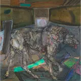 Robin Philipson, DOG, oil and collage on board