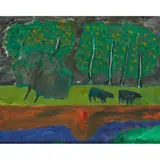 David Michie, COWS BY THE LEADERWATER, 1981, oil on canvas board