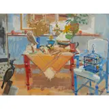 Glen Scouller, TABLE TOP STILL LIFE WITH BIRD CAGE, oil on canvas