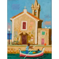 Leon Morrocco, PASSING THE LITTLE CHURCH, LIPARI, 1999, oil on board