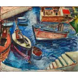 William Crosbie, BOATS IN HARBOUR, oil on canvas