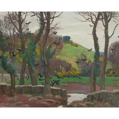 Ernest Procter, Landscape, 1915, oil on canvas, and with harbour scene to the reverse of canvas