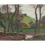 Ernest Procter, Landscape, 1915, oil on canvas, and with harbour scene to the reverse of canvas