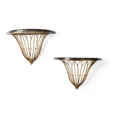 René Prou, Pair of Console Tables, gilt iron with mottled black marble tops