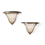 René Prou, Pair of Console Tables, gilt iron with mottled black marble tops