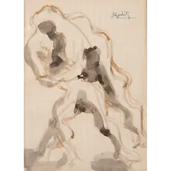 Jacques Lipchitz, Wrestlers, Sketch for Sculpture, circa 1933, ink, watercolour and wash on lined paper