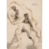 Jacques Lipchitz, Wrestlers, Sketch for Sculpture, circa 1933, ink, watercolour and wash on lined paper