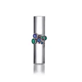 Wendy Ramshaw, Green and Blue Déjà vu 7 Part Ring Set, 2005, silver and semi-precious stones on acrylic stand, six rings hallmarked for London, 2005, and one unhallmarked