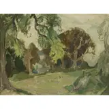 Alick Riddell Sturrock, WOODED LANDSCAPE, oil on board