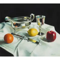 STILL LIFE WITH FRUIT AND SAUCE BOAT by Alastair W. Thomson, oil on canvas, sold Oct 2021