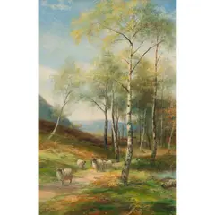 John MacWhirter, STRAGGLERS IN THE BIRCH WOOD, AVIEMORE, oil on canvas