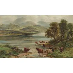 CATTLE WATERING IN A MOUNTAIN STREAM by William Langley, oil on canvas, and another a pair by the same hand (2), sold Oct 2021