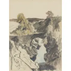 David Young Cameron, DULSIE BRIDGE ON THE FINDHORN, mixed media