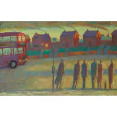 WRONG BUS, 1990 by Charlie Baird, oil on board, sold Jan 2022