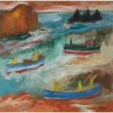 John Bellany, UNTITLED (BOATS NEAR  THE COAST), oil on canvas