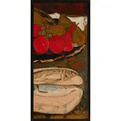 Robin Philipson, WOVEN STILL LIFE OF FISH, Framed and mounted woollen tapestry designed by the artist