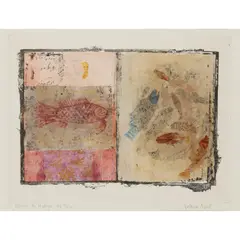 Victoria Crowe, VISHNU AS MATSYA, THE FISH, Etching with collage and hand-coloured elements