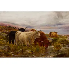 Robert Watson, HIGHLAND CATTLE WATERING ON A HILLSIDE, oil on canvas