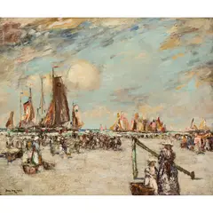 UNLOADING THE CATCH, SCHEVENGEN by James Kay, oil on canvas, sold Dec 2021