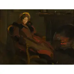 Robert Brough, GIRL BY THE FIRESIDE, oil on canvas