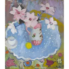 Anne Redpath, STILL LIFE ON A PATTERNED TABLECLOTH, oil on board