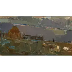HAYSTACK AND FARM GATE, DUSK by Joan Eardley, Oil on board, sold Dec 2021