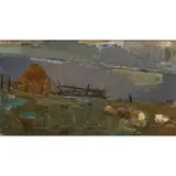 Joan Eardley, HAYSTACK AND FARM GATE, DUSK, Oil on board