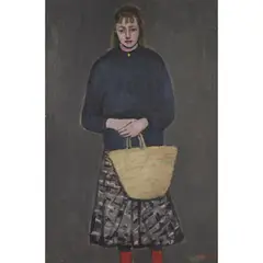 Agnes Drey, WOMAN WITH SHOPPING BASKET, oil on canvas