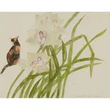 Elizabeth Blackadder, ORCHID (CYMBIDIUM) AND TORTOISESHELL CAT, watercolour and pencil