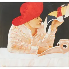 MASK MAKER by Alan King, oil on panel, sold Aug 2021