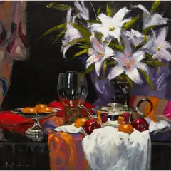 Jack Morrocco, PINK LILIES AND MAURITSHUIS GLASS, oil on canvas