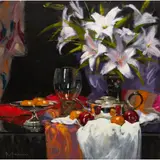 Jack Morrocco, PINK LILIES AND MAURITSHUIS GLASS, oil on canvas