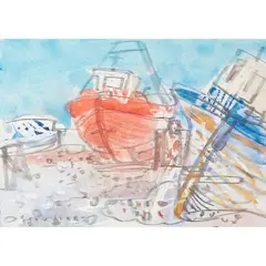 RED BOAT, ALMUNECAR by Glen Scouller, mixed media on paper, sold Aug 2021