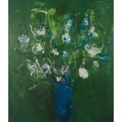 Pierre Devreux, UNTITLED (STILL LIFE OF FLOWERS ON A GREEN GROUND), 1990, oil on canvas