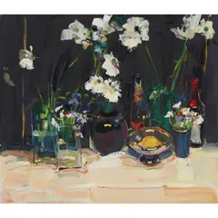 James Fullarton, STILL LIFE IN BLACK WITH MARGUERITES, oil on canvas