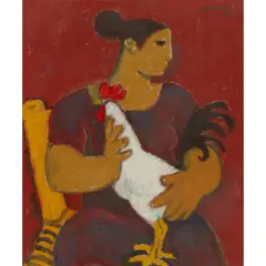 Alberto Morrocco, WOMAN WITH COCKEREL, oil on board