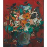 John Houston, STILL LIFE OF FLOWERS ON A RED GROUND