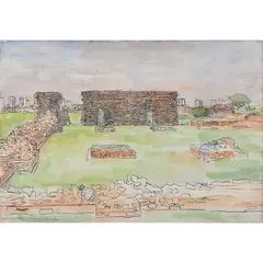 Anthony Gross, Church, Lesnes Abbey with Thamesmead and children, circa 1980, watercolour and ink on paper