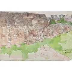 Anthony Gross, Lesnes Abbey with Thamesmead, circa 1980, watercolour and ink on paper