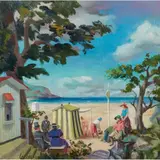 PICNIC, FINISTIERRE (ON BEACH) by William Crosbie, oil on board, sold Jul 2021