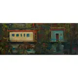 RIVERBANK CABINS IN WOODLAND by William Crosbie, oil on canvas laid on board, sold Jul 2021