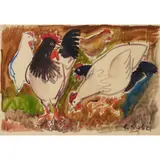 William Crosbie, BLACK AND WHITE HENS, watercolour