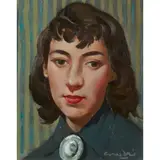 HEAD OF A WOMAN (WITH BROOCH) by William Crosbie, oil on board, sold Jul 2021